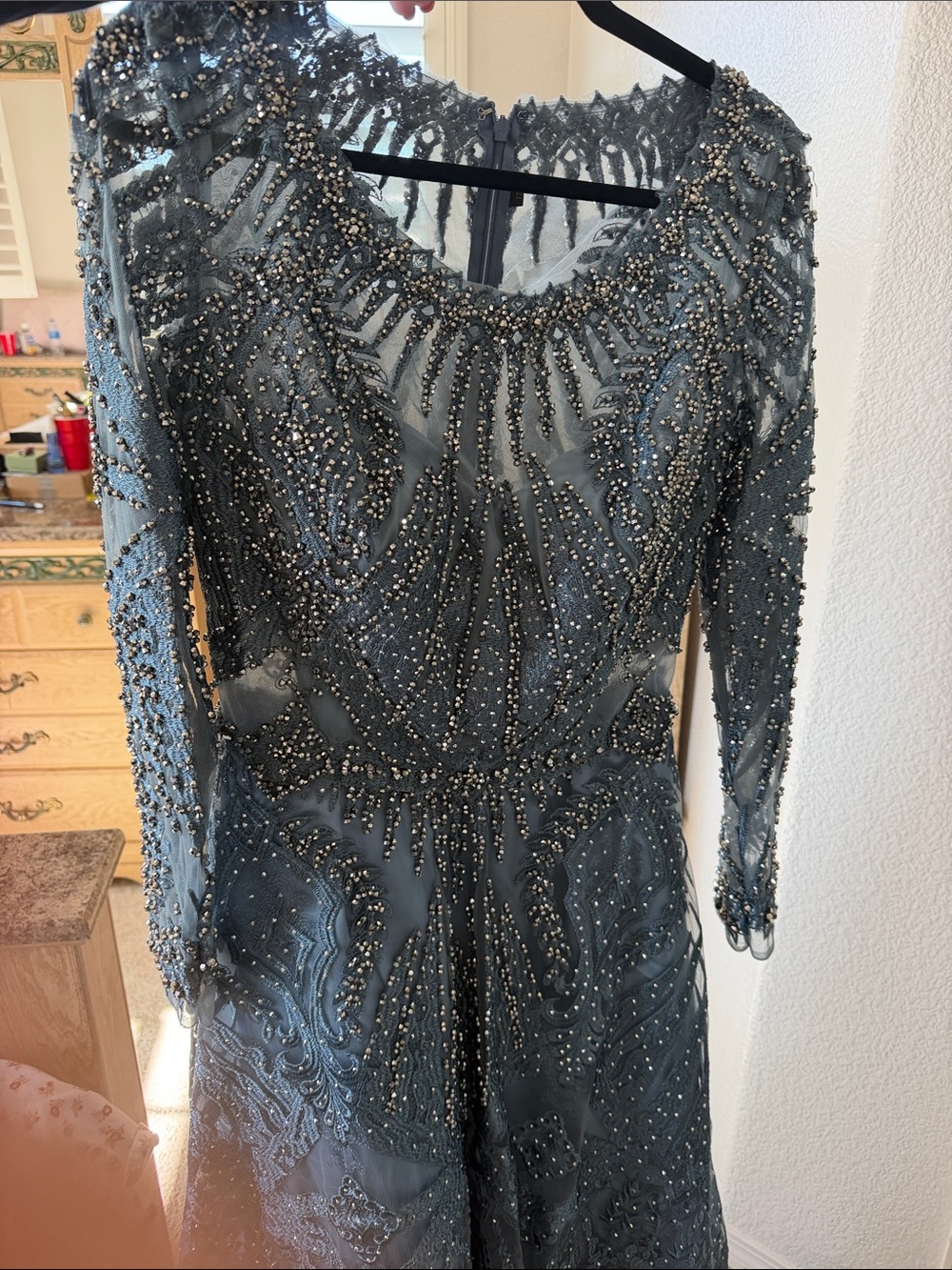 Embellished Long Sleeve Evening Dress in Slate Blue